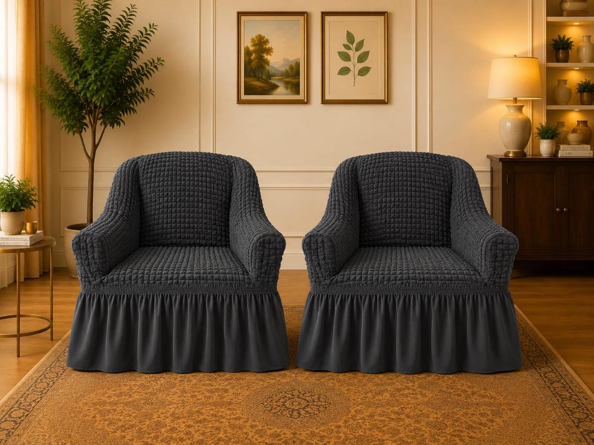 🔥Huse premium canapea set 2 bucați fotolii material creponat cu volan huse fotolii creponate material bun cu elastic se conținue buretele care așesezează foarte bun cu fotoliile gri inchis🔥