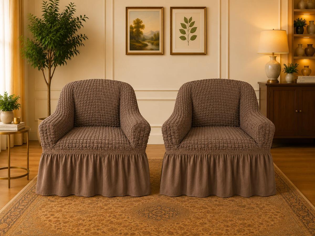 🔥Huse premium canapea set 2 bucați fotolii material creponat cu volan huse fotolii creponate material bun cu elastic se conținue buretele care așesezează foarte bun cu fotoliile maro deschis🔥