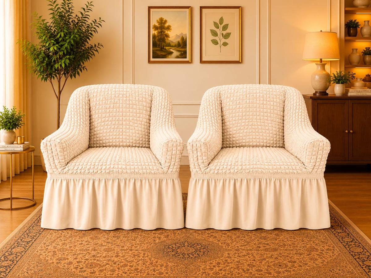 🔥Huse premium canapea set 2 bucați fotolii material creponat cu volan huse fotolii creponate material bun cu elastic se conținue buretele care așesezează foarte bun cu fotoliile crem unt🔥