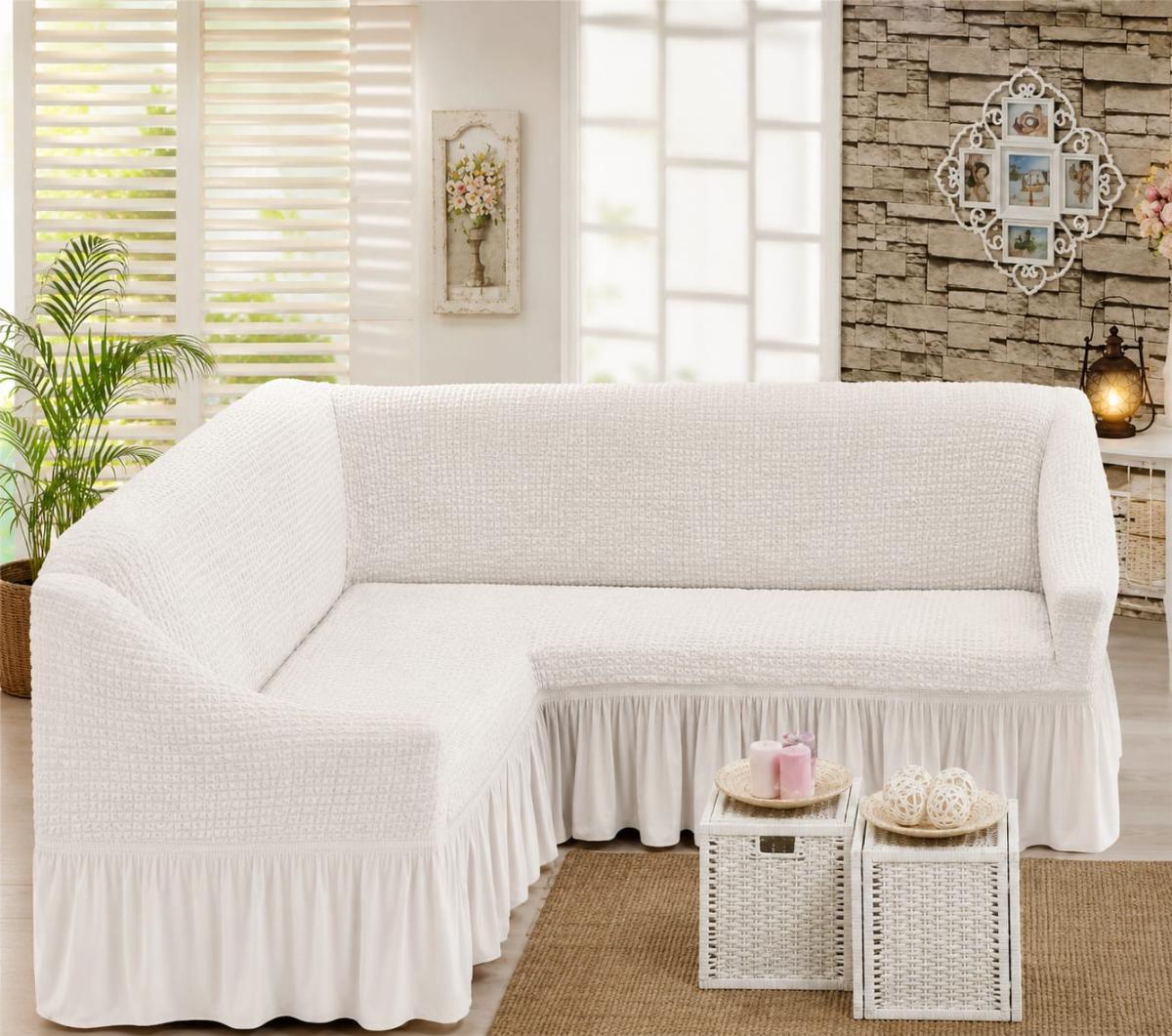 🔥Huse premium pentru canapea colțar creponate cu volanași calitativează pe oricare fel de colțar fin cu elastic se aşezed rotund L shape U shape super oferta pentru colțar alb🔥
