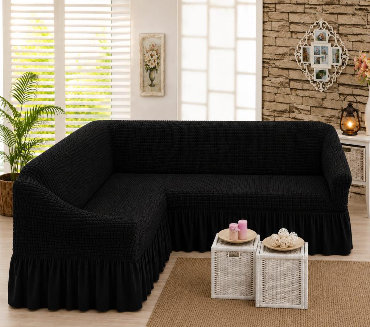 🔥Huse premium pentru canapea colțar creponate cu volanași calitativează pe oricare fel de colțar fin cu elastic se aşezed rotund L shape U shape super oferta pentru colțar negru🔥