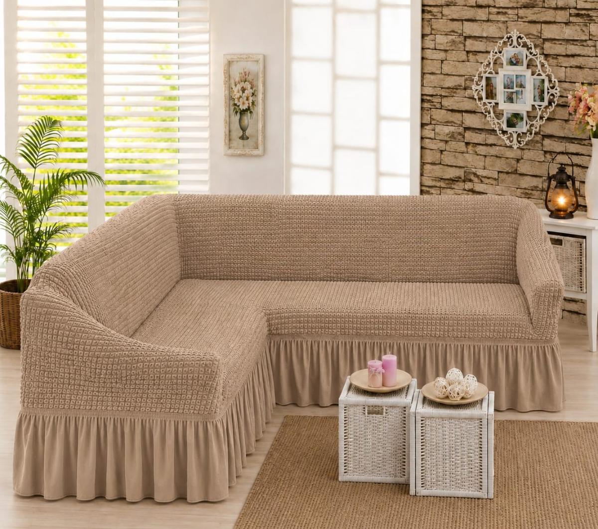 🔥Huse premium pentru canapea colțar creponate cu volanași calitativează pe oricare fel de colțar fin cu elastic se aşezed rotund L shape U shape super oferta pentru colțar cappuccino🔥