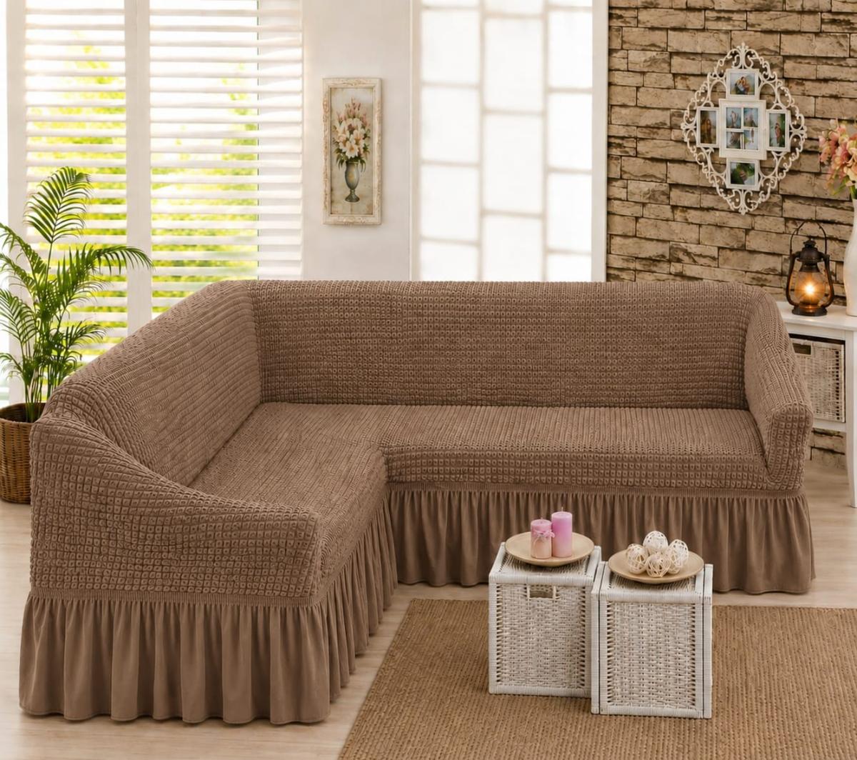 🔥Huse premium pentru canapea colțar creponate cu volanași calitativează pe oricare fel de colțar fin cu elastic se aşezed rotund L shape U shape super oferta pentru colțar maro deschis🔥