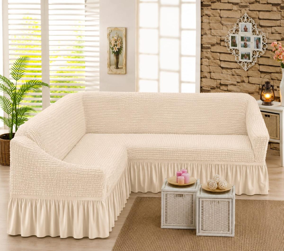 🔥Huse premium pentru canapea colțar creponate cu volanași calitativează pe oricare fel de colțar fin cu elastic se aşezed rotund L shape U shape super oferta pentru colțar crem🔥