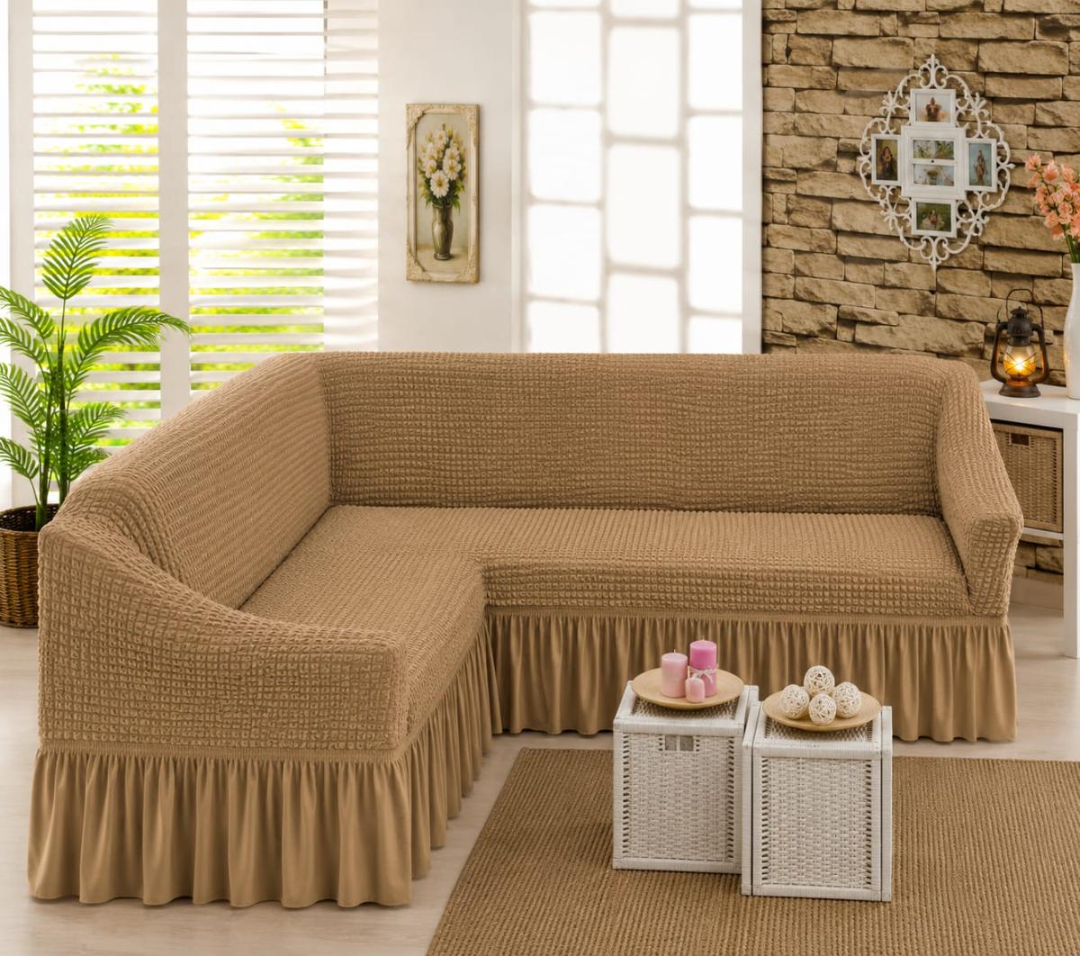 🔥Huse premium pentru canapea colțar creponate cu volanași calitativează pe oricare fel de colțar fin cu elastic se aşezed rotund L shape U shape super oferta pentru colțar bej🔥