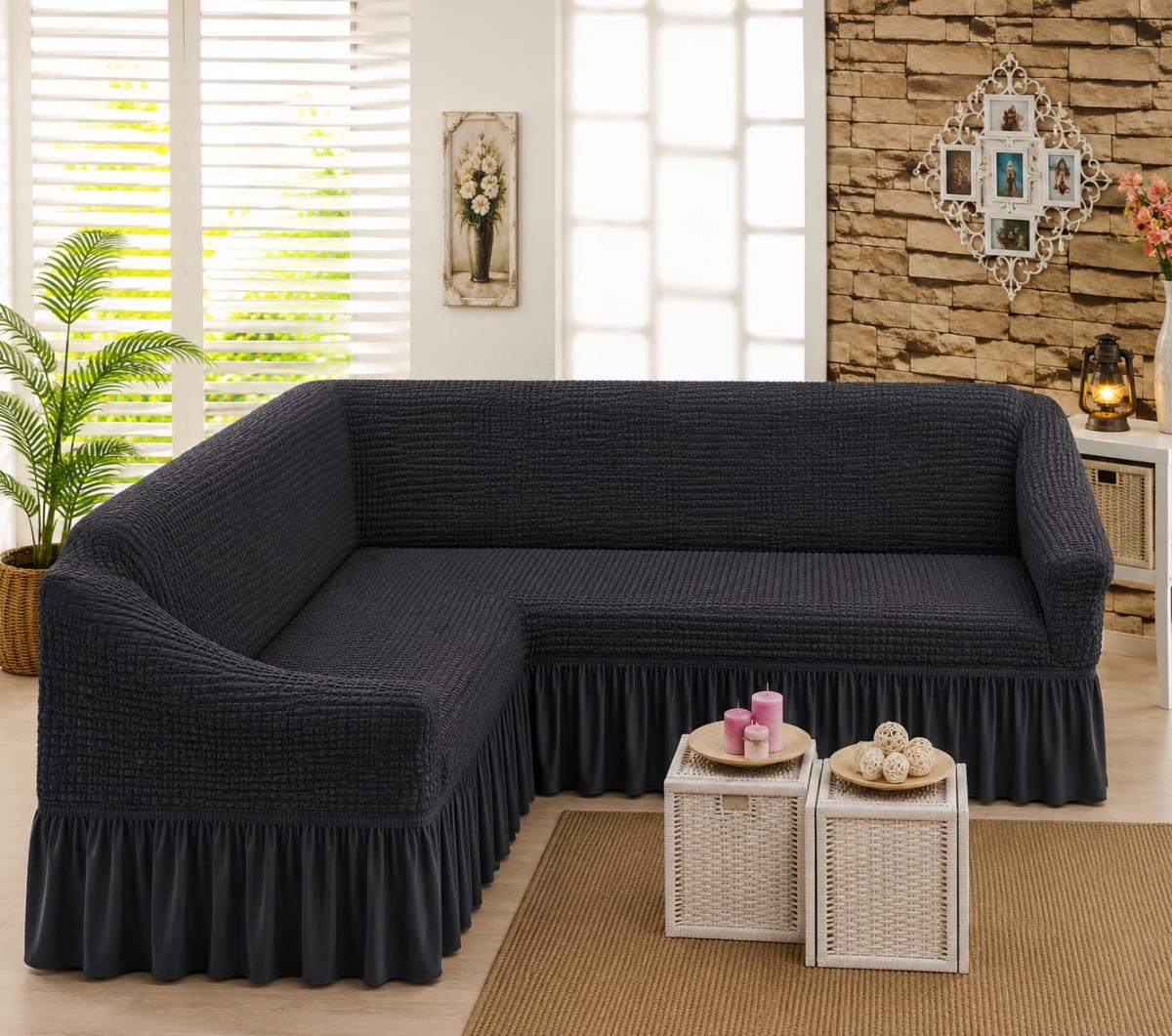 🔥Huse premium pentru canapea colțar creponate cu volanași calitativează pe oricare fel de colțar fin cu elastic se aşezed rotund L shape U shape super oferta pentru colțar gri inchis🔥
