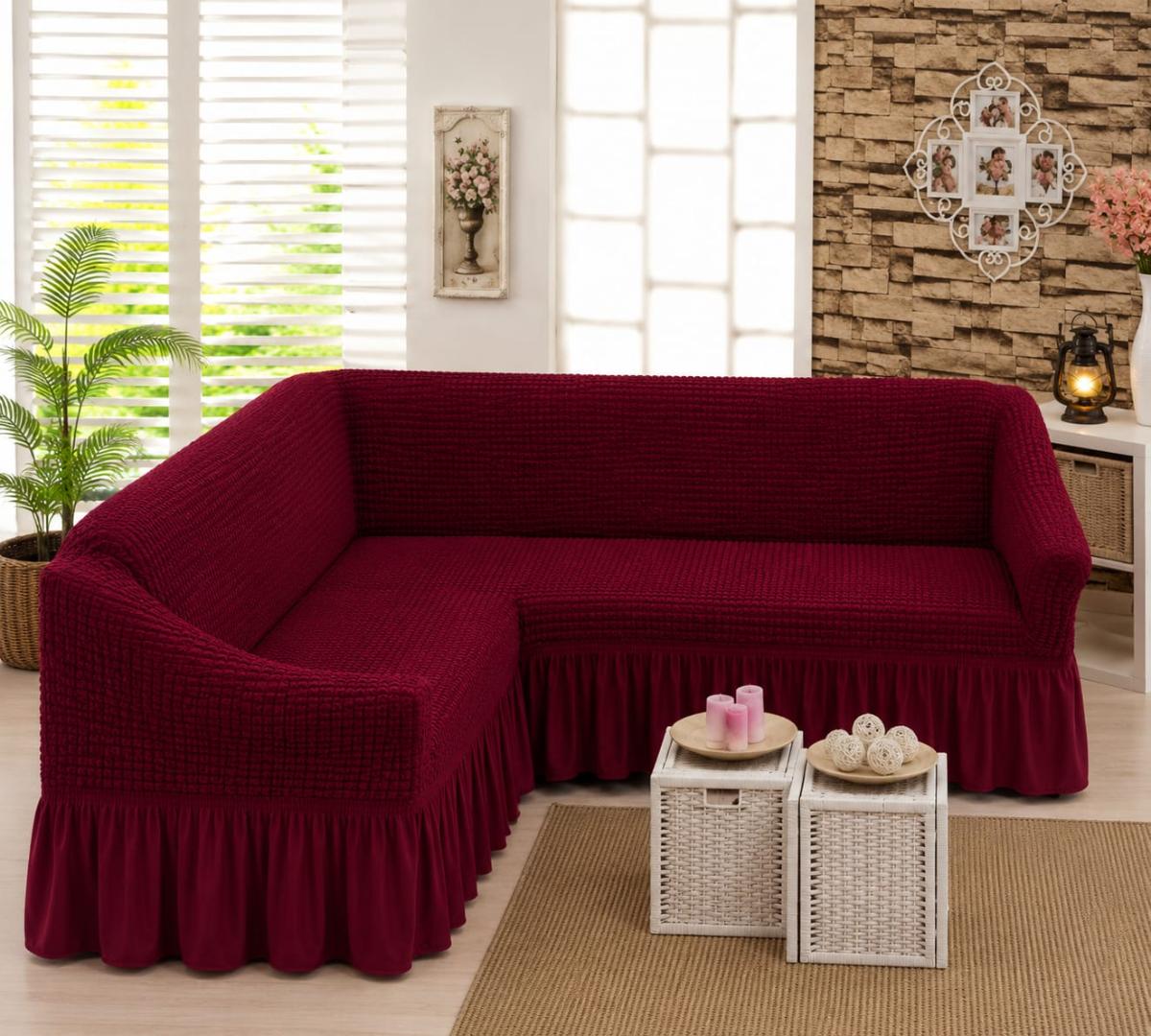 🔥Huse premium pentru canapea colțar creponate cu volanași calitativează pe oricare fel de colțar fin cu elastic se aşezed rotund L shape U shape super oferta pentru colțar grena🔥