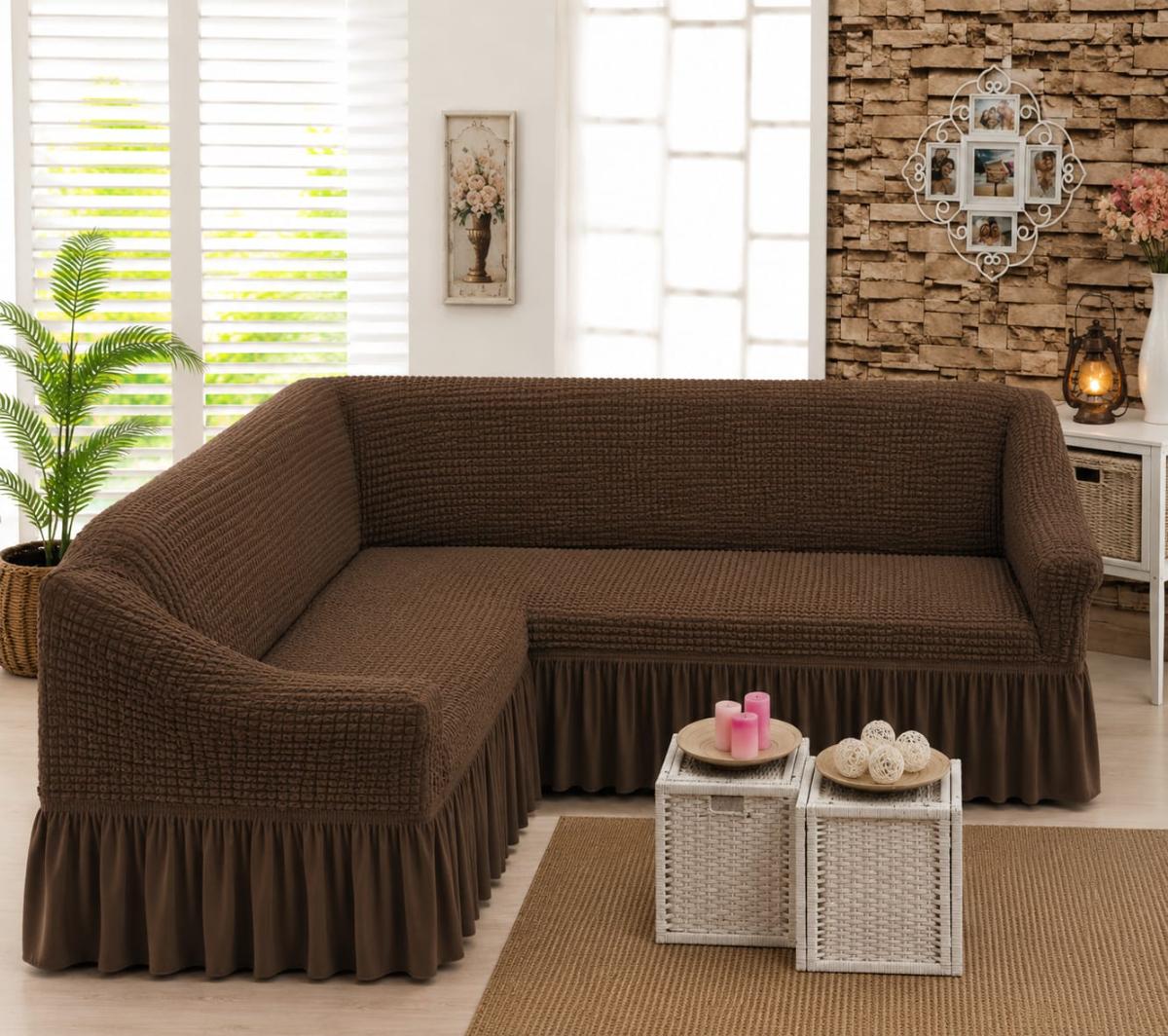 🔥Huse premium pentru canapea colțar creponate cu volanași calitativează pe oricare fel de colțar fin cu elastic se aşezed rotund L shape U shape super oferta pentru colțar maro inchis🔥