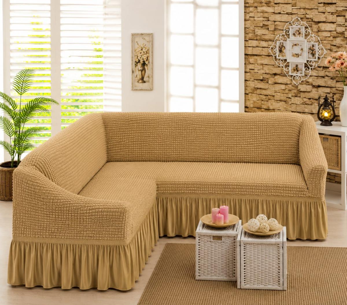 🔥Huse premium pentru canapea colțar creponate cu volanași calitativează pe oricare fel de colțar fin cu elastic se aşezed rotund L shape U shape super oferta pentru colțar bej galbui🔥
