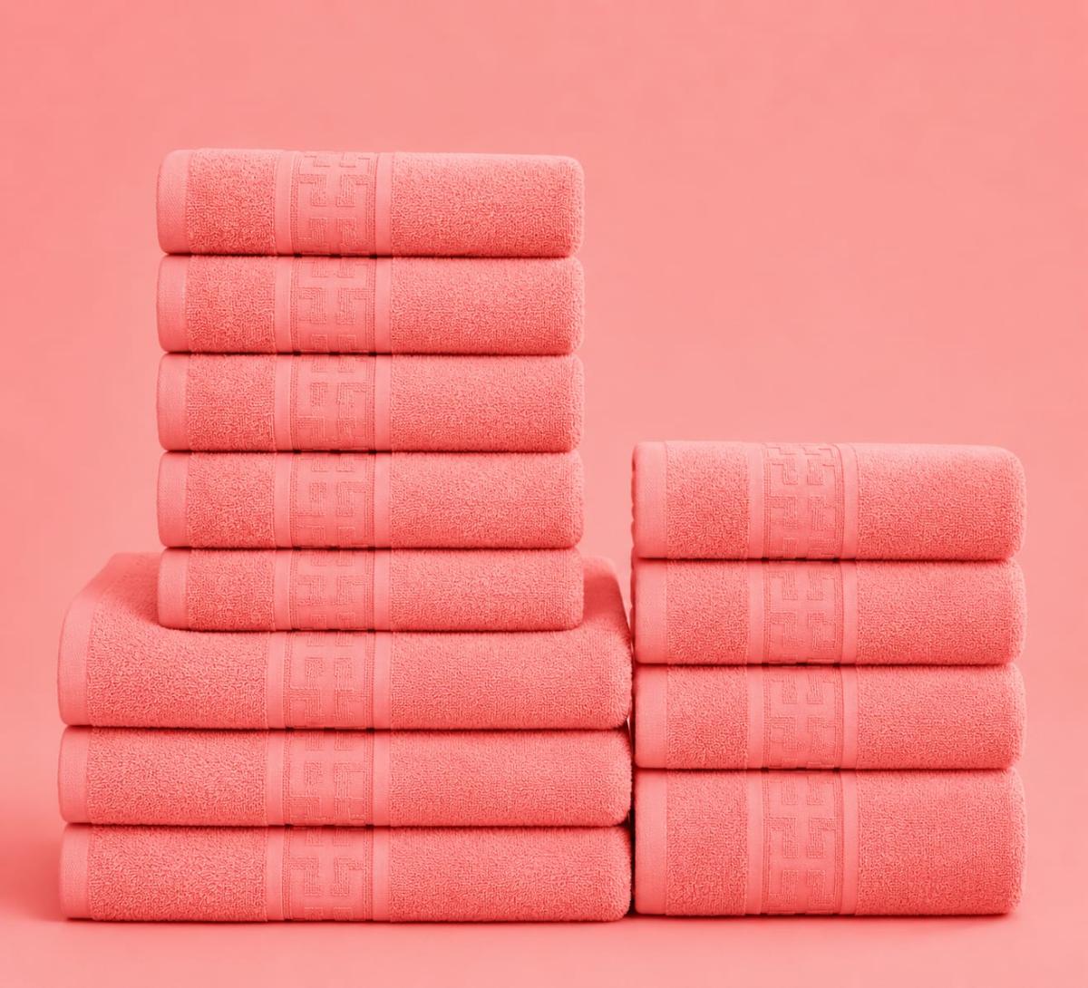 🔥Set prosoape premium 12 bucati bumbac 100% absorbante super calitative 500-550 GSM 5 Buc 30×50cm 4 Buc 50×90cm 3 Buc 70×130cm coral🔥