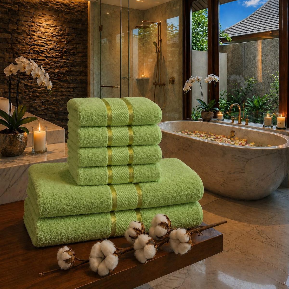 Set Elegant Prosoape Bumbac 100% 6 Piece Super Absorbante 420 GSM 2 buc 70×130CM 4 Buc 50×90CM Verde deschis